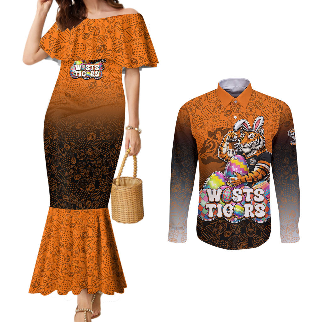 Personalized Wests Tigers Couples Matching Mermaid Dress and Long Sleeve Button Shirt Easter Mascot - Colorful Eggs Cartoon Style