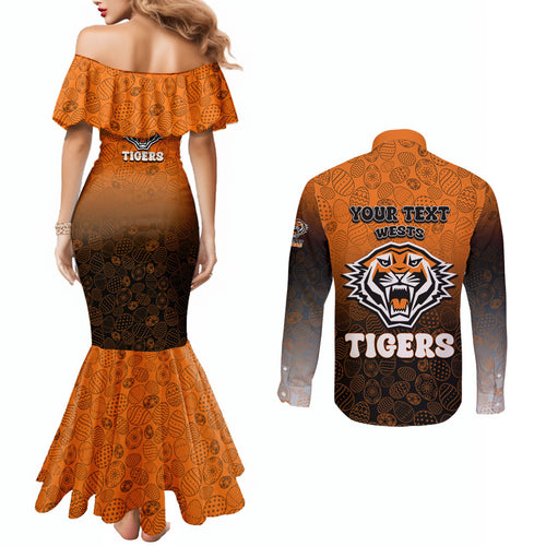 Personalized Wests Tigers Couples Matching Mermaid Dress and Long Sleeve Button Shirt Easter Mascot - Colorful Eggs Cartoon Style