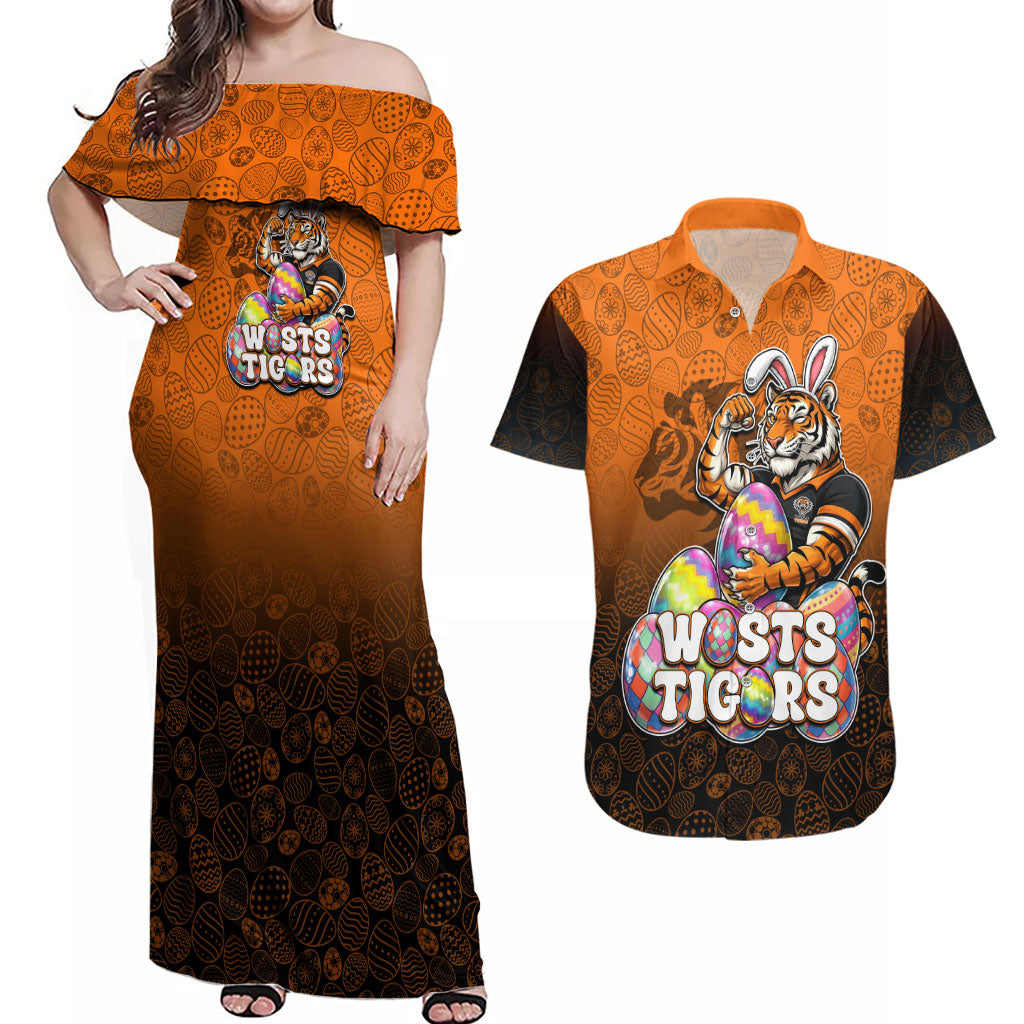 Personalized Wests Tigers Couples Matching Off Shoulder Maxi Dress and Hawaiian Shirt Easter Mascot - Colorful Eggs Cartoon Style