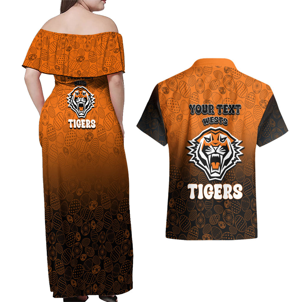 Personalized Wests Tigers Couples Matching Off Shoulder Maxi Dress and Hawaiian Shirt Easter Mascot - Colorful Eggs Cartoon Style