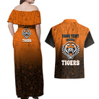 Personalized Wests Tigers Couples Matching Off Shoulder Maxi Dress and Hawaiian Shirt Easter Mascot - Colorful Eggs Cartoon Style