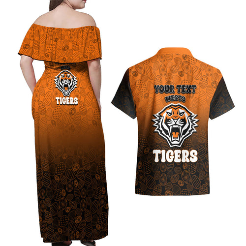 Personalized Wests Tigers Couples Matching Off Shoulder Maxi Dress and Hawaiian Shirt Easter Mascot - Colorful Eggs Cartoon Style
