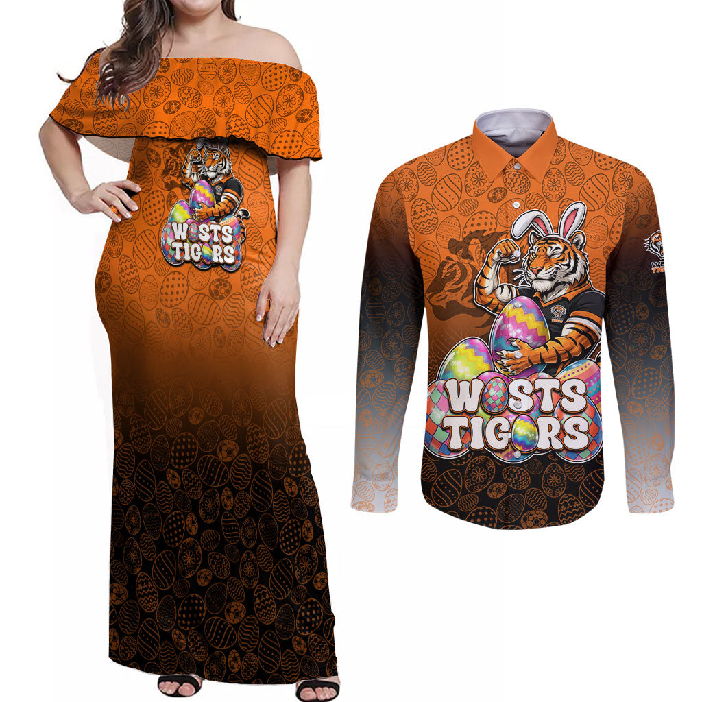 Personalized Wests Tigers Couples Matching Off Shoulder Maxi Dress and Long Sleeve Button Shirt Easter Mascot - Colorful Eggs Cartoon Style