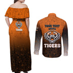 Personalized Wests Tigers Couples Matching Off Shoulder Maxi Dress and Long Sleeve Button Shirt Easter Mascot - Colorful Eggs Cartoon Style