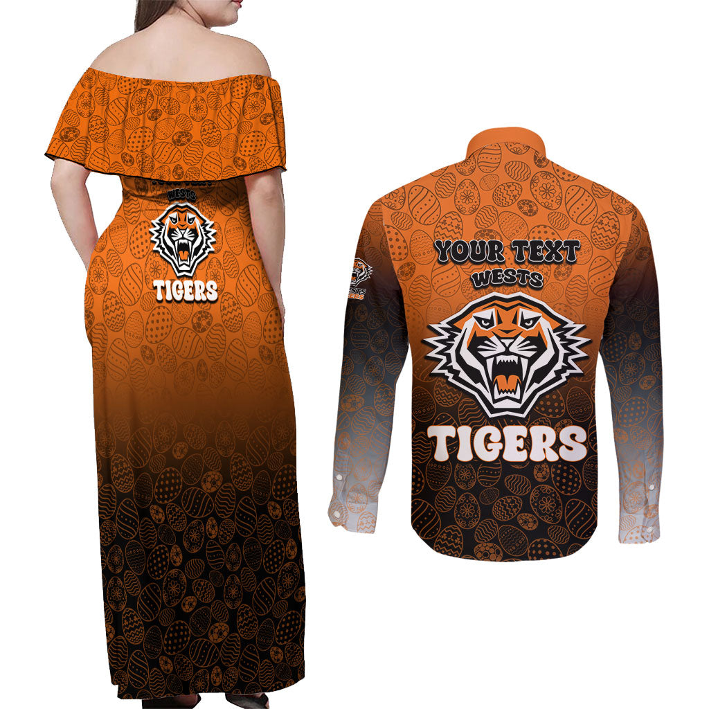 Personalized Wests Tigers Couples Matching Off Shoulder Maxi Dress and Long Sleeve Button Shirt Easter Mascot - Colorful Eggs Cartoon Style
