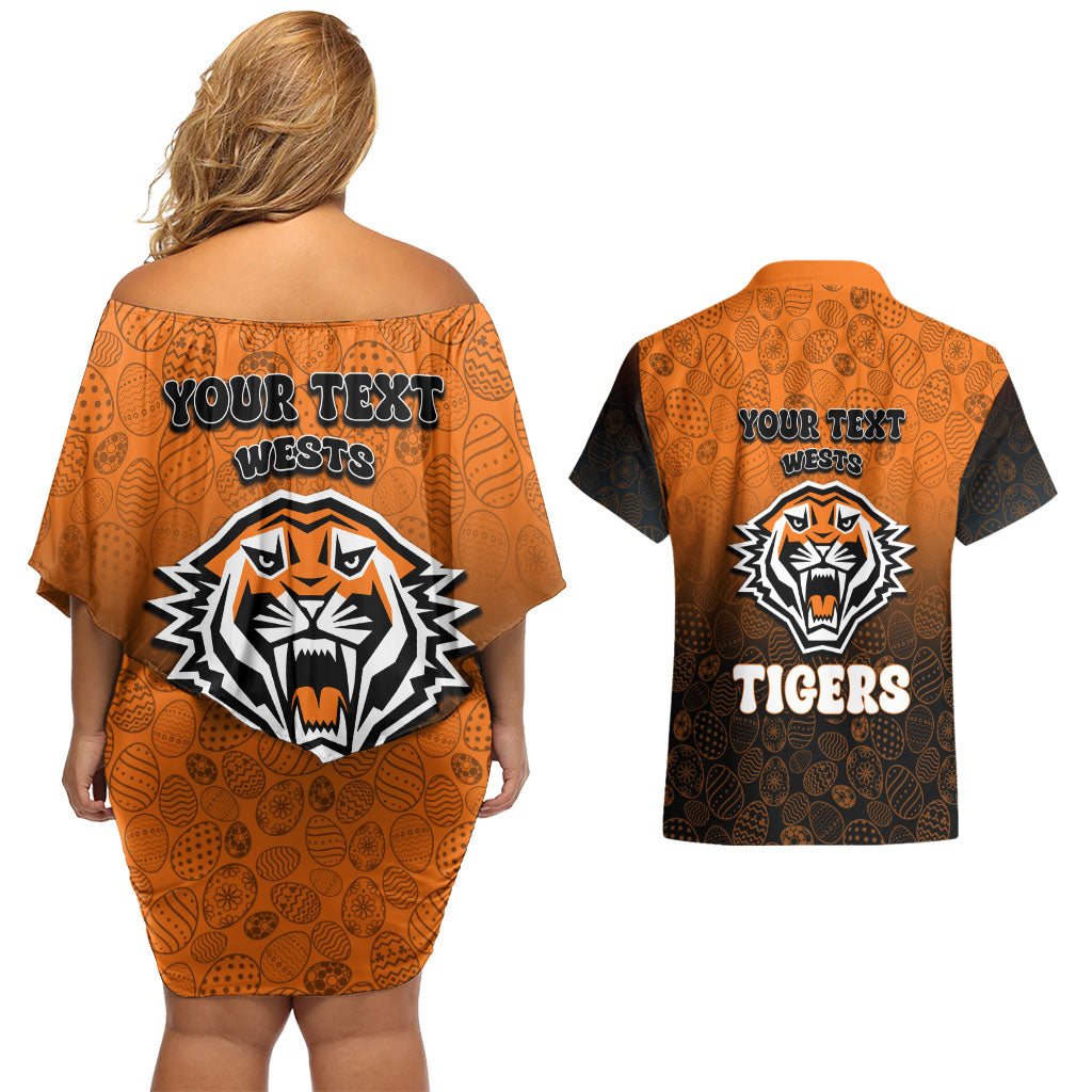 Personalized Wests Tigers Couples Matching Off Shoulder Short Dress and Hawaiian Shirt Easter Mascot - Colorful Eggs Cartoon Style