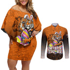Personalized Wests Tigers Couples Matching Off Shoulder Short Dress and Long Sleeve Button Shirt Easter Mascot - Colorful Eggs Cartoon Style