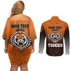 Personalized Wests Tigers Couples Matching Off Shoulder Short Dress and Long Sleeve Button Shirt Easter Mascot - Colorful Eggs Cartoon Style