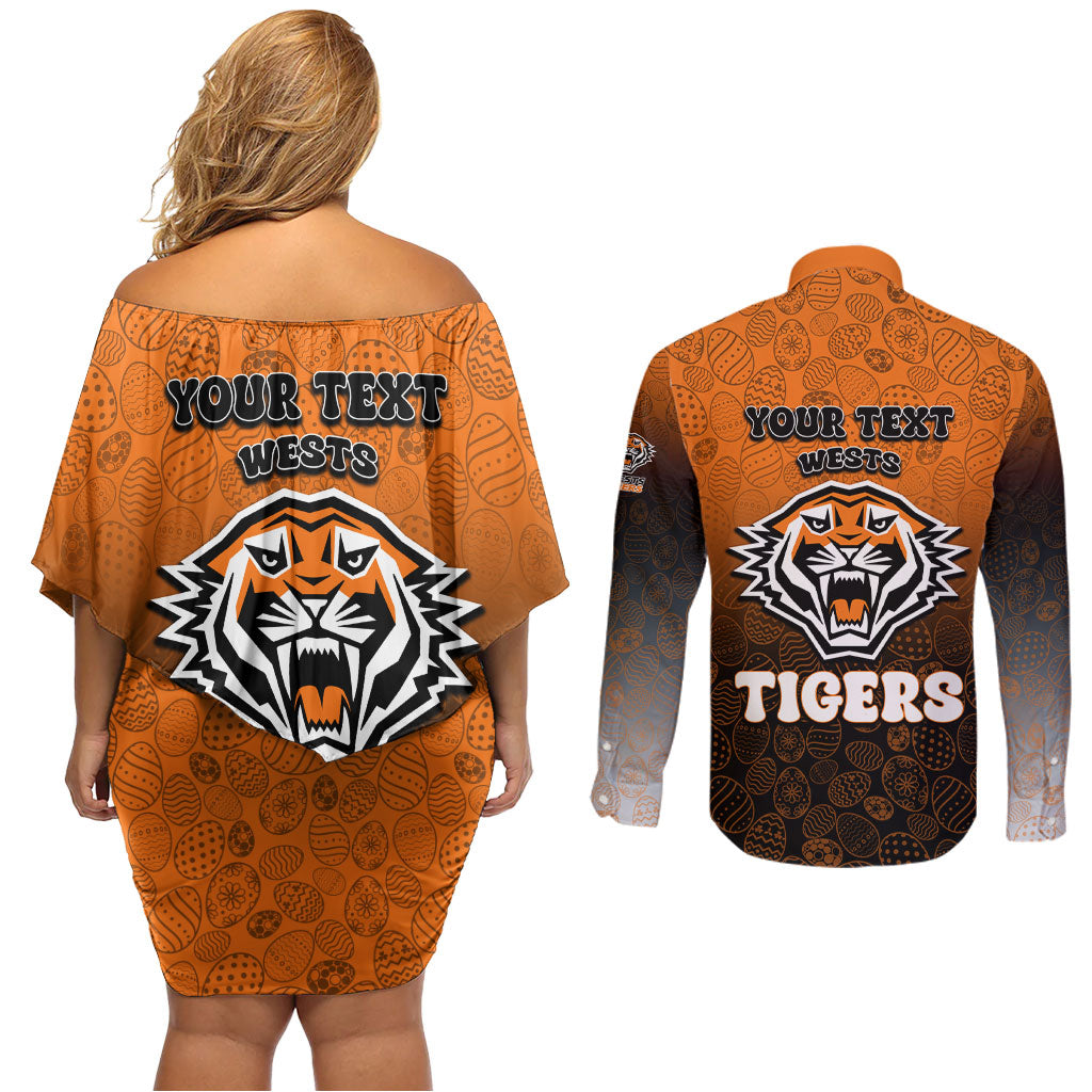 Personalized Wests Tigers Couples Matching Off Shoulder Short Dress and Long Sleeve Button Shirt Easter Mascot - Colorful Eggs Cartoon Style