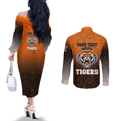 Personalized Wests Tigers Couples Matching Off The Shoulder Long Sleeve Dress and Long Sleeve Button Shirt Easter Mascot - Colorful Eggs Cartoon Style