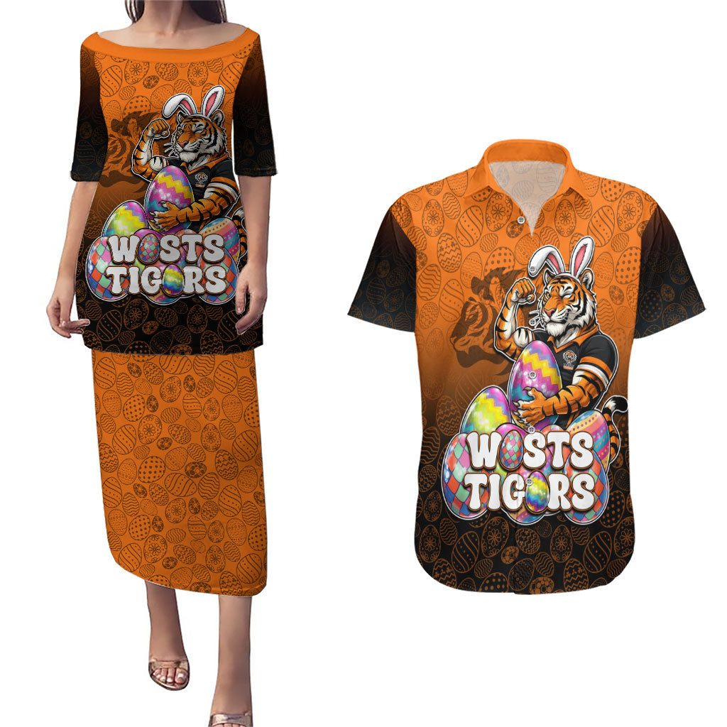 Personalized Wests Tigers Couples Matching Puletasi and Hawaiian Shirt Easter Mascot - Colorful Eggs Cartoon Style