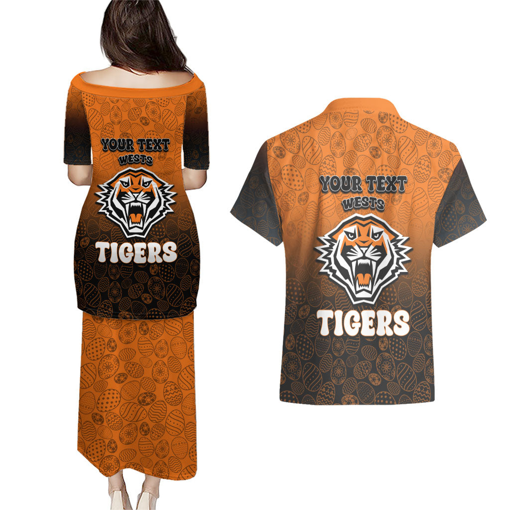Personalized Wests Tigers Couples Matching Puletasi and Hawaiian Shirt Easter Mascot - Colorful Eggs Cartoon Style