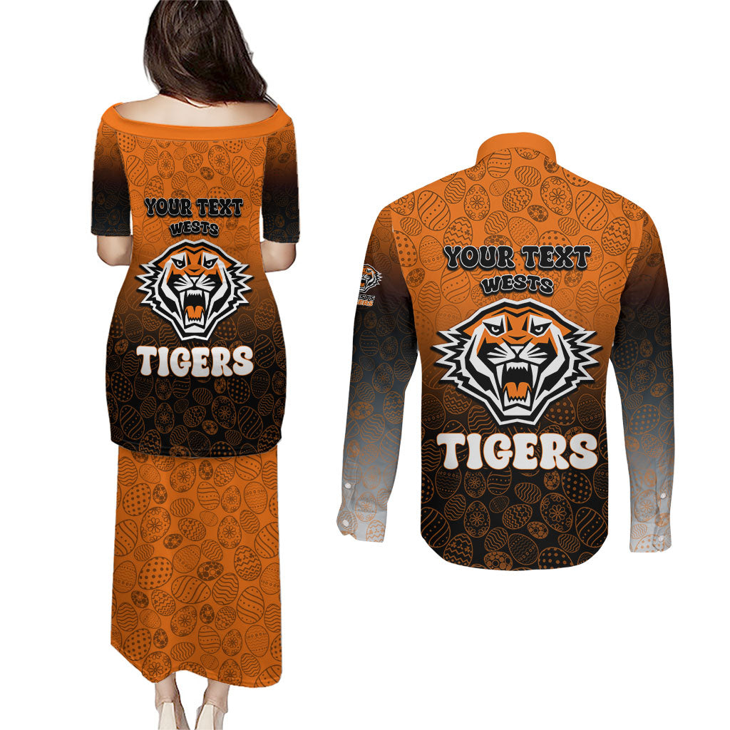Personalized Wests Tigers Couples Matching Puletasi and Long Sleeve Button Shirt Easter Mascot - Colorful Eggs Cartoon Style