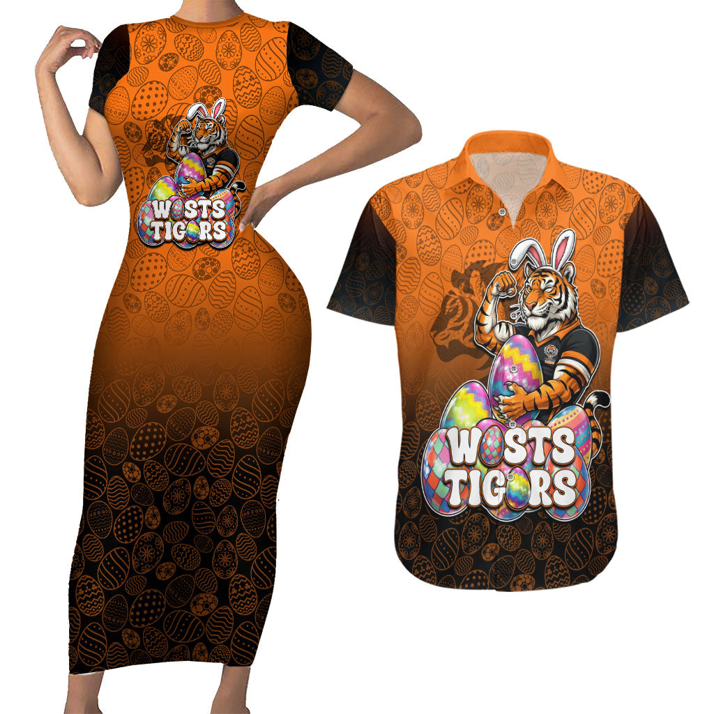 Personalized Wests Tigers Couples Matching Short Sleeve Bodycon Dress and Hawaiian Shirt Easter Mascot - Colorful Eggs Cartoon Style