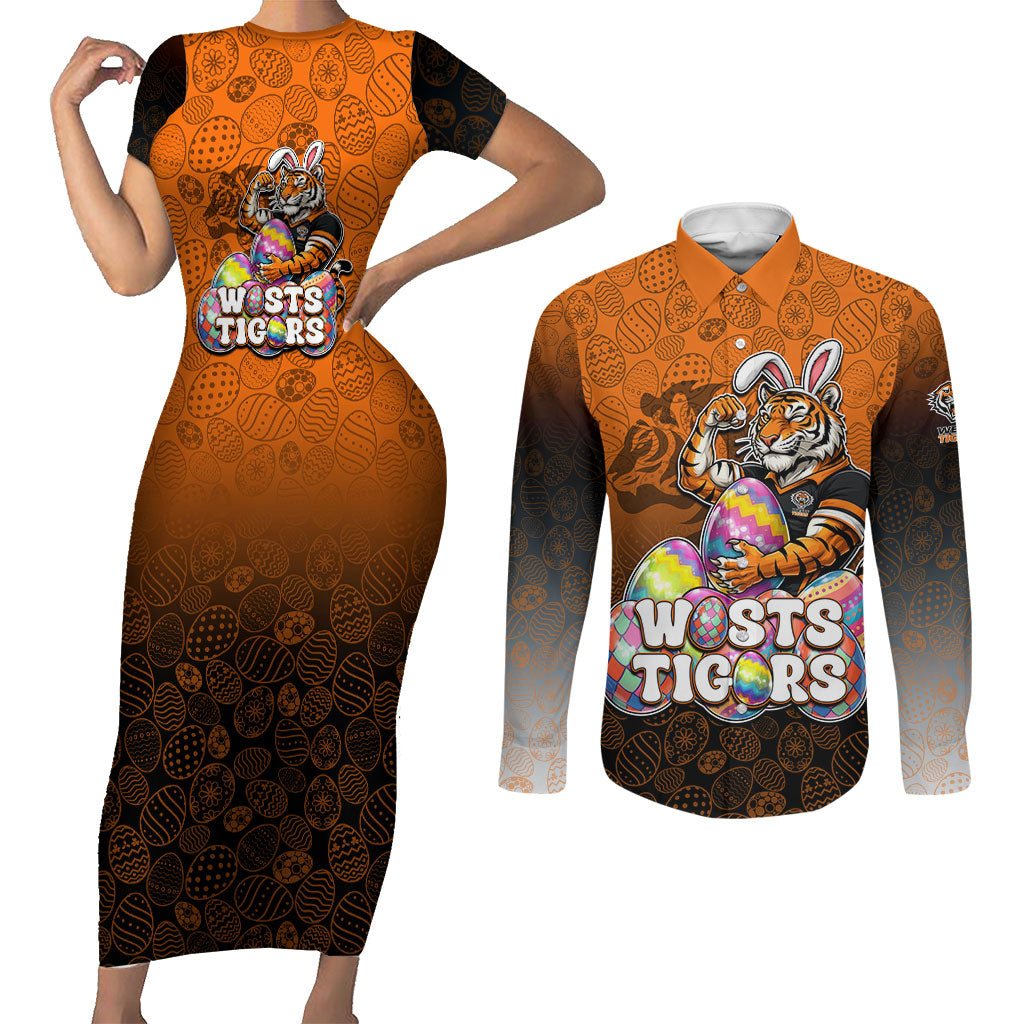 Personalized Wests Tigers Couples Matching Short Sleeve Bodycon Dress and Long Sleeve Button Shirt Easter Mascot - Colorful Eggs Cartoon Style