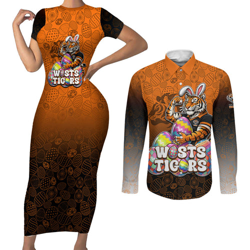 Personalized Wests Tigers Couples Matching Short Sleeve Bodycon Dress and Long Sleeve Button Shirt Easter Mascot - Colorful Eggs Cartoon Style