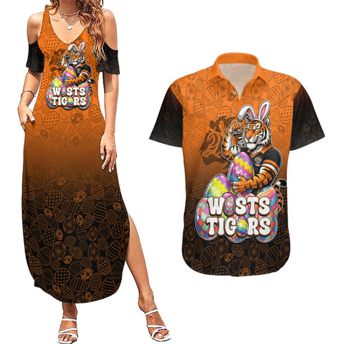 Personalized Wests Tigers Couples Matching Summer Maxi Dress and Hawaiian Shirt Easter Mascot - Colorful Eggs Cartoon Style