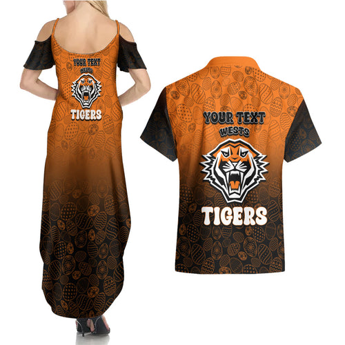 Personalized Wests Tigers Couples Matching Summer Maxi Dress and Hawaiian Shirt Easter Mascot - Colorful Eggs Cartoon Style