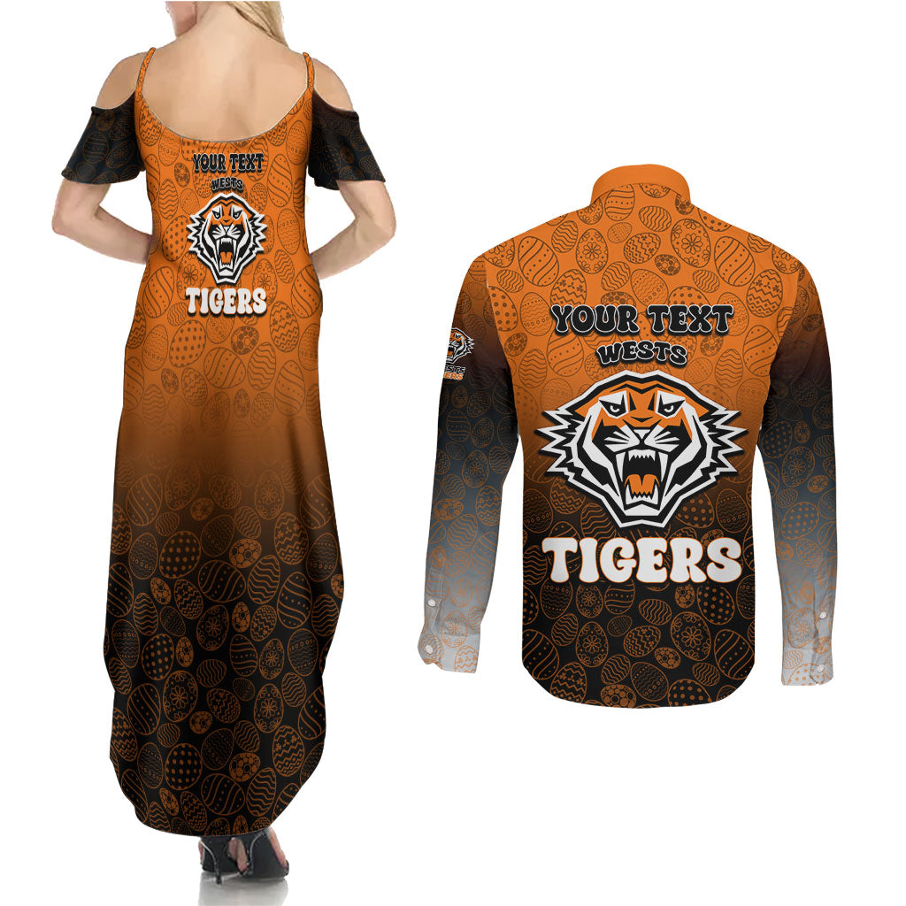 Personalized Wests Tigers Couples Matching Summer Maxi Dress and Long Sleeve Button Shirt Easter Mascot - Colorful Eggs Cartoon Style