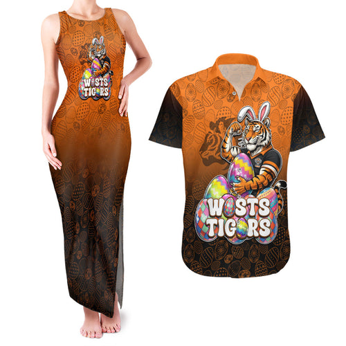 Personalized Wests Tigers Couples Matching Tank Maxi Dress and Hawaiian Shirt Easter Mascot - Colorful Eggs Cartoon Style
