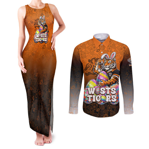 Personalized Wests Tigers Couples Matching Tank Maxi Dress and Long Sleeve Button Shirt Easter Mascot - Colorful Eggs Cartoon Style