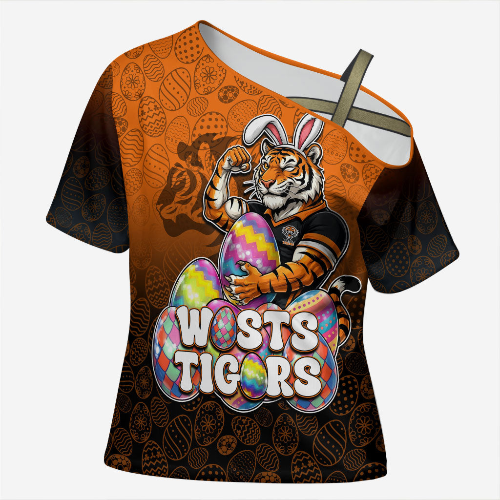 Personalized Wests Tigers Cross Shoulder Shirt Easter Mascot - Colorful Eggs Cartoon Style