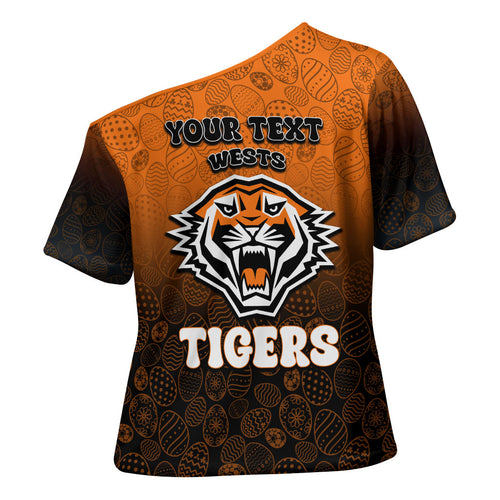 Personalized Wests Tigers Cross Shoulder Shirt Easter Mascot - Colorful Eggs Cartoon Style