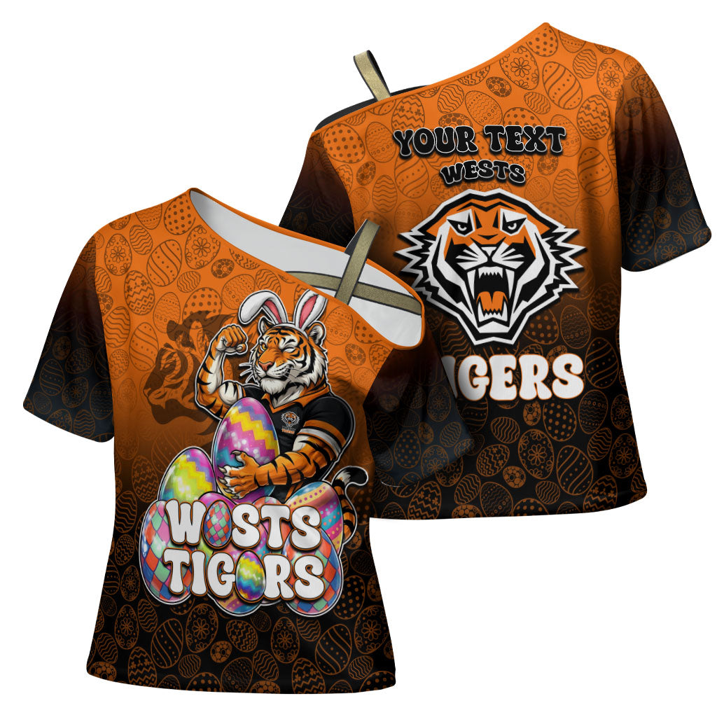 Personalized Wests Tigers Cross Shoulder Shirt Easter Mascot - Colorful Eggs Cartoon Style