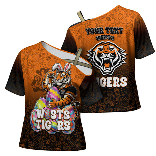 Personalized Wests Tigers Cross Shoulder Shirt Easter Mascot - Colorful Eggs Cartoon Style