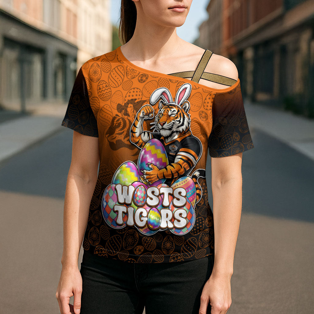 Personalized Wests Tigers Cross Shoulder Shirt Easter Mascot - Colorful Eggs Cartoon Style