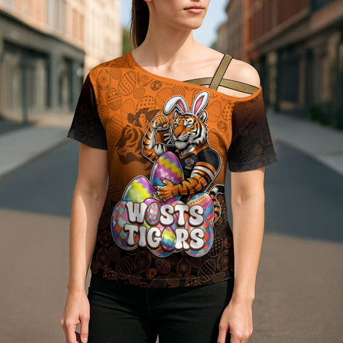 Personalized Wests Tigers Cross Shoulder Shirt Easter Mascot - Colorful Eggs Cartoon Style