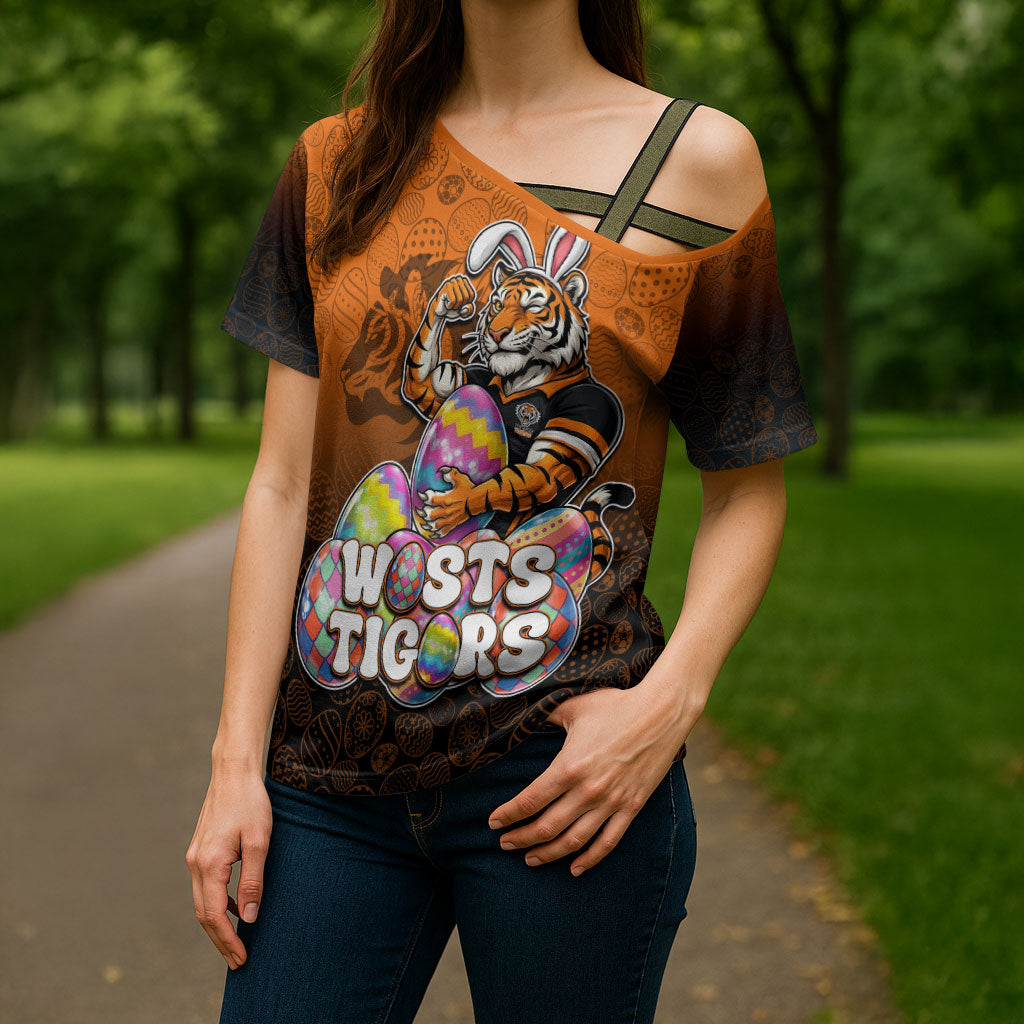 Personalized Wests Tigers Cross Shoulder Shirt Easter Mascot - Colorful Eggs Cartoon Style