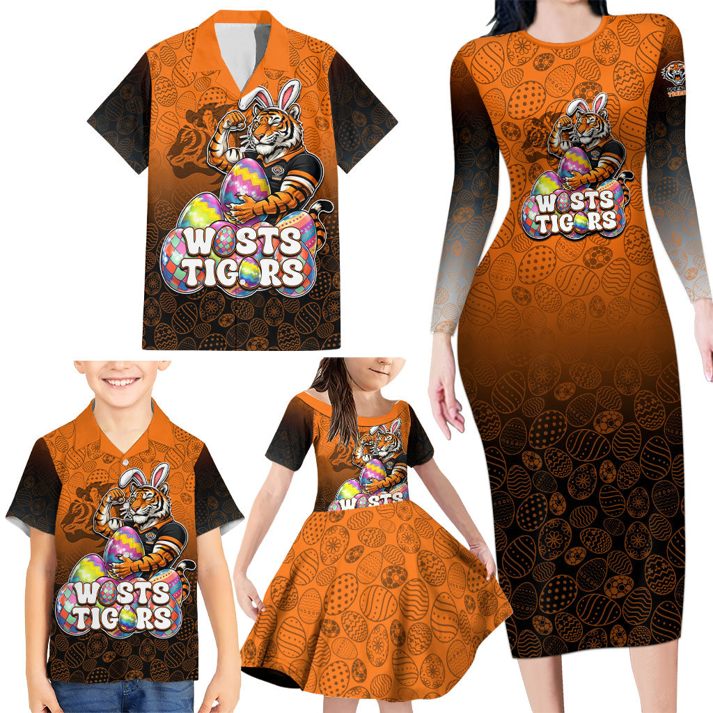 Personalized Wests Tigers Family Matching Long Sleeve Bodycon Dress and Hawaiian Shirt Easter Mascot - Colorful Eggs Cartoon Style