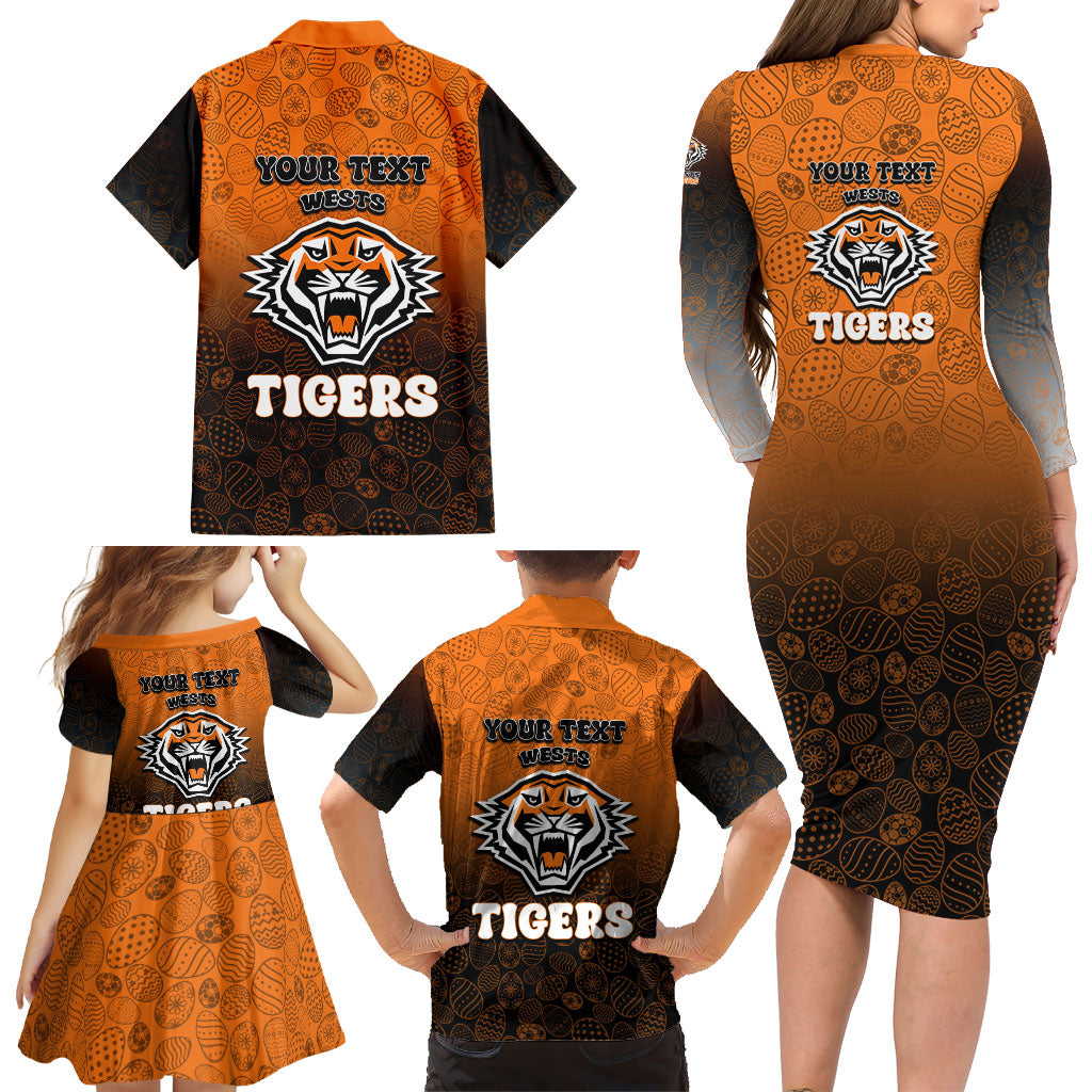 Personalized Wests Tigers Family Matching Long Sleeve Bodycon Dress and Hawaiian Shirt Easter Mascot - Colorful Eggs Cartoon Style