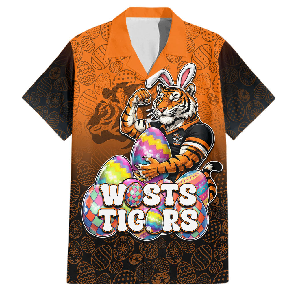Personalized Wests Tigers Family Matching Long Sleeve Bodycon Dress and Hawaiian Shirt Easter Mascot - Colorful Eggs Cartoon Style