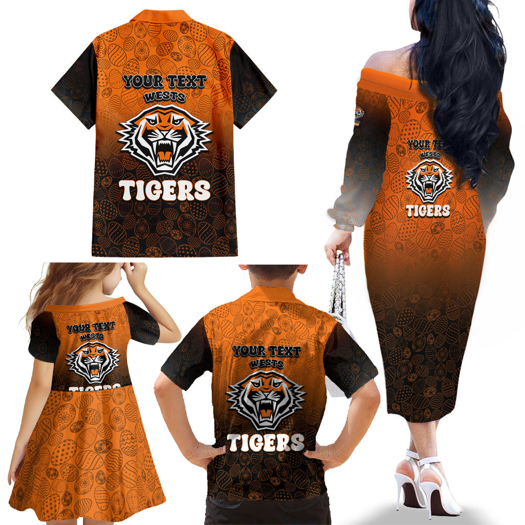 Personalized Wests Tigers Family Matching Off The Shoulder Long Sleeve Dress and Hawaiian Shirt Easter Mascot - Colorful Eggs Cartoon Style