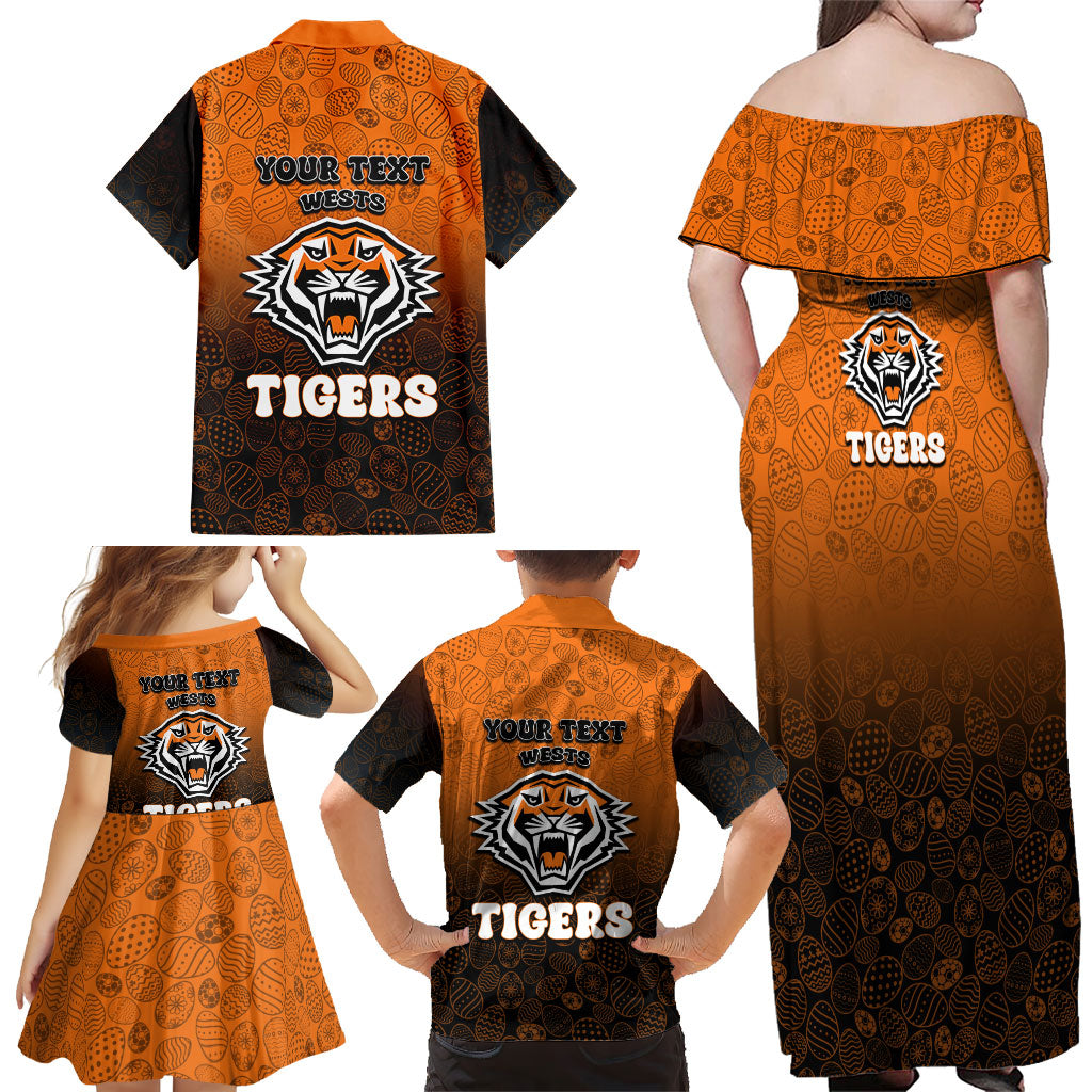 Personalized Wests Tigers Family Matching Off Shoulder Maxi Dress and Hawaiian Shirt Easter Mascot - Colorful Eggs Cartoon Style