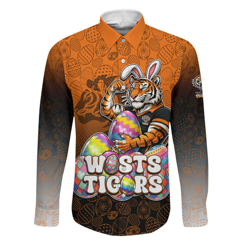 Personalized Wests Tigers Family Matching Off Shoulder Maxi Dress and Hawaiian Shirt Easter Mascot - Colorful Eggs Cartoon Style