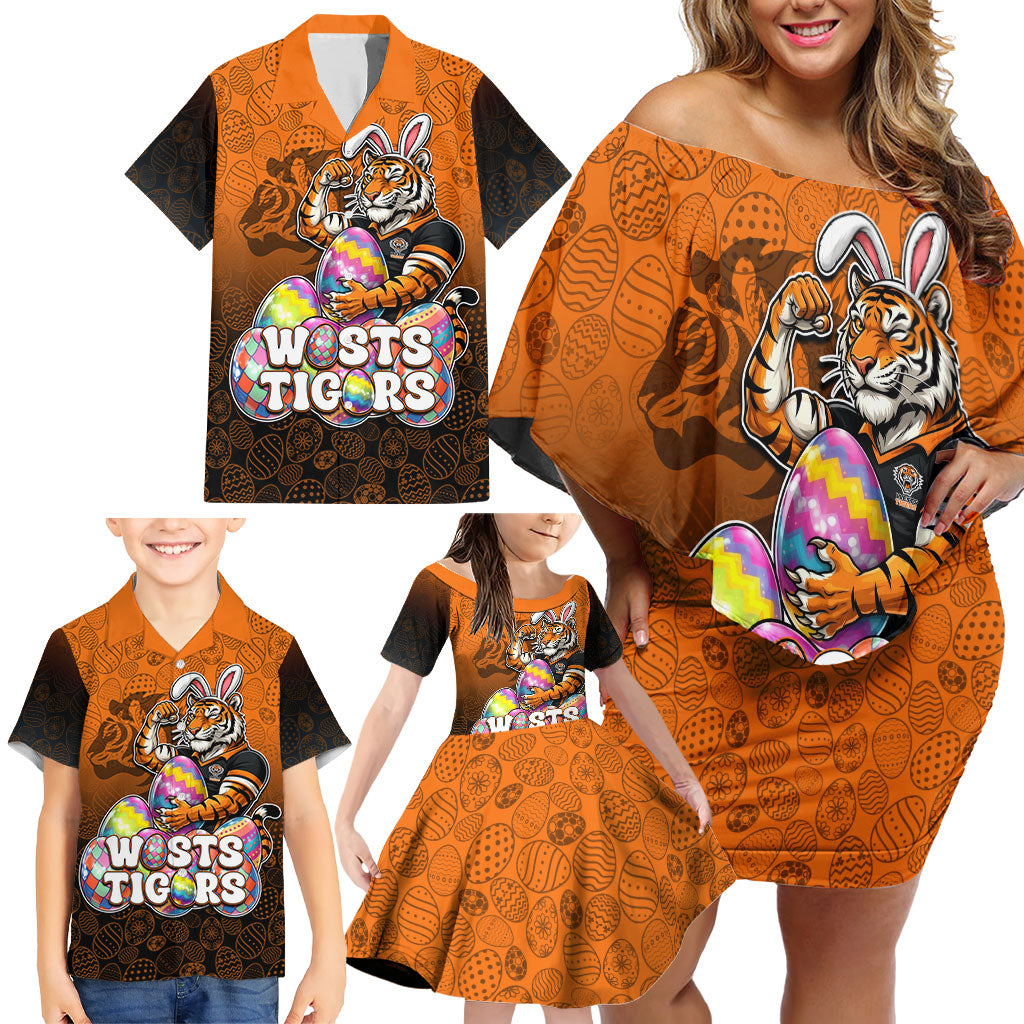 Personalized Wests Tigers Family Matching Off Shoulder Short Dress and Hawaiian Shirt Easter Mascot - Colorful Eggs Cartoon Style