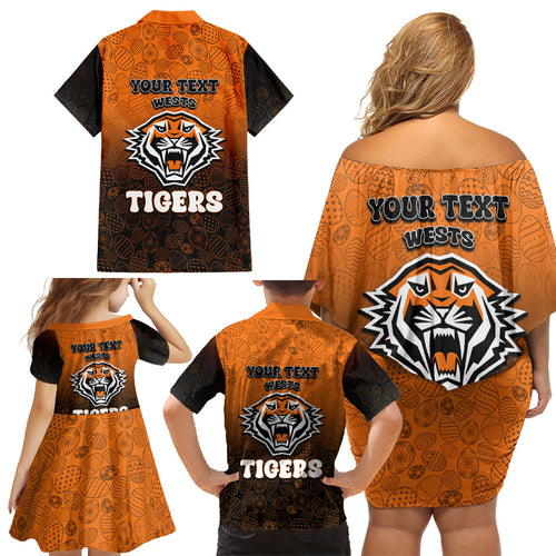 Personalized Wests Tigers Family Matching Off Shoulder Short Dress and Hawaiian Shirt Easter Mascot - Colorful Eggs Cartoon Style