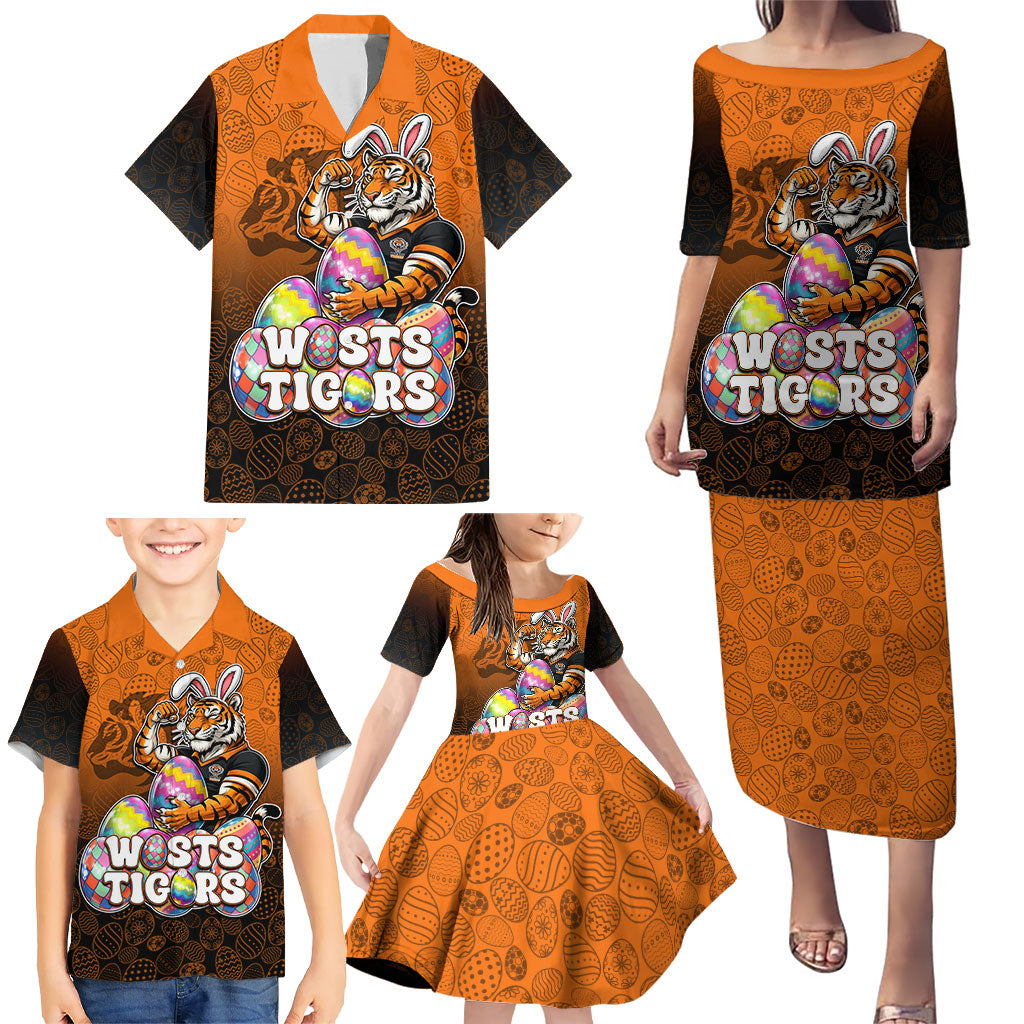 Personalized Wests Tigers Family Matching Puletasi and Hawaiian Shirt Easter Mascot - Colorful Eggs Cartoon Style