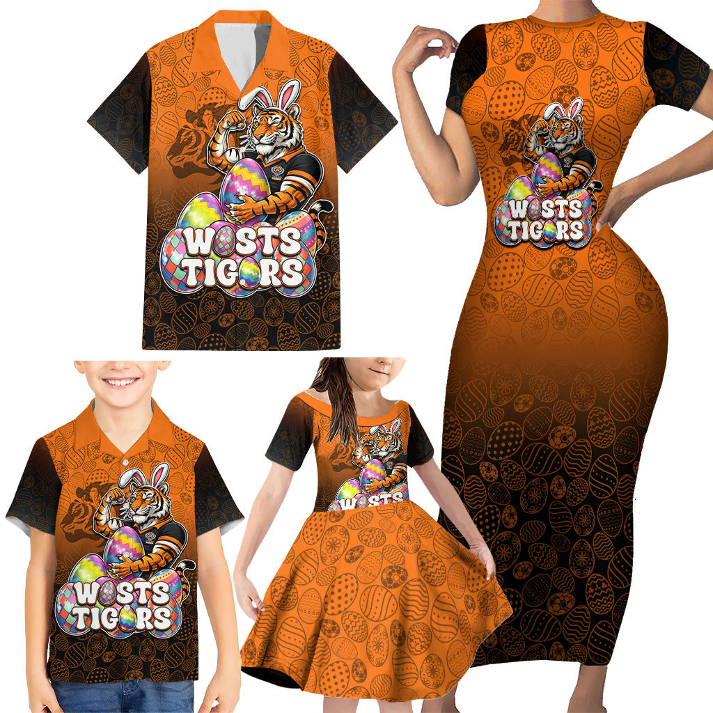 Personalized Wests Tigers Family Matching Short Sleeve Bodycon Dress and Hawaiian Shirt Easter Mascot - Colorful Eggs Cartoon Style