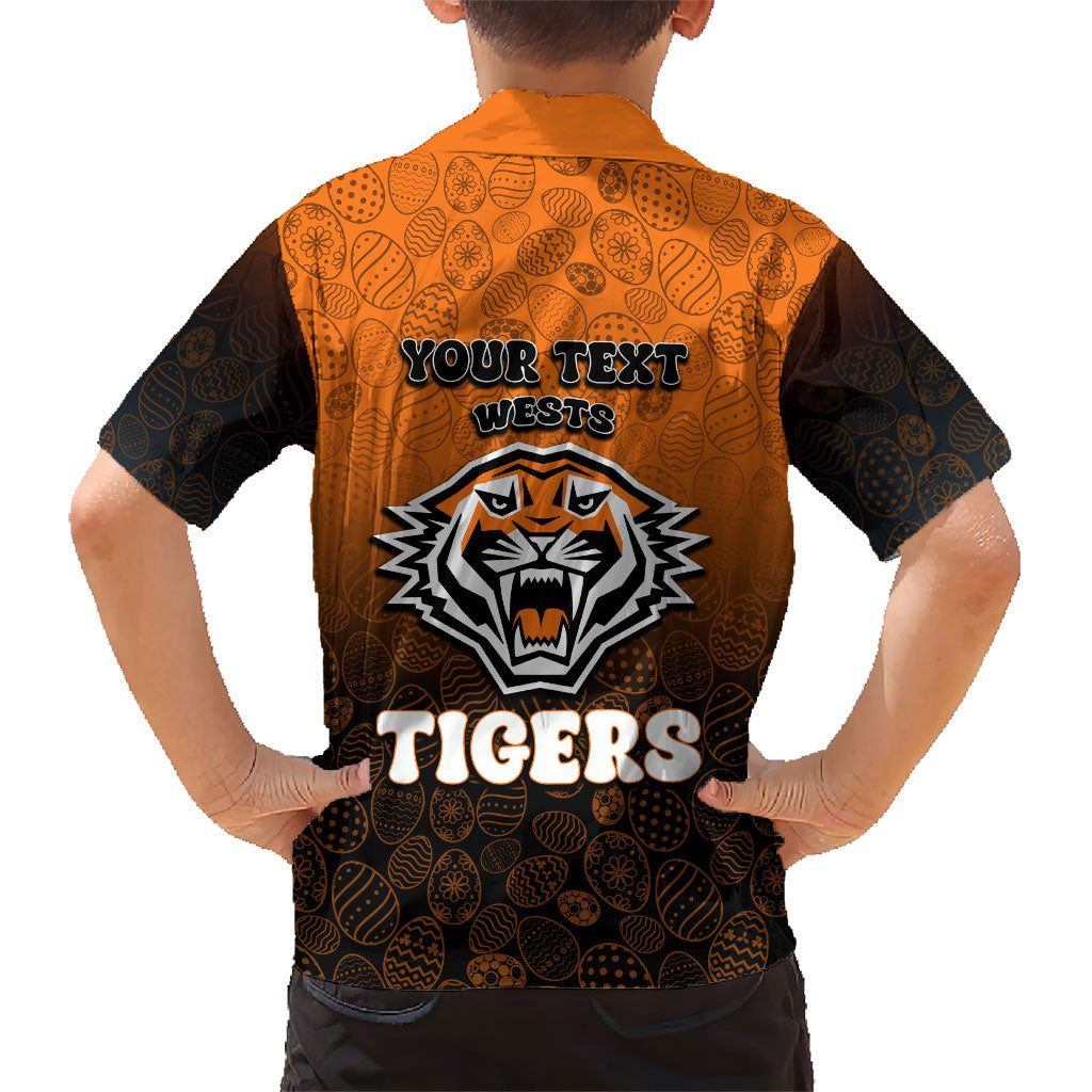 Personalized Wests Tigers Family Matching Short Sleeve Bodycon Dress and Hawaiian Shirt Easter Mascot - Colorful Eggs Cartoon Style