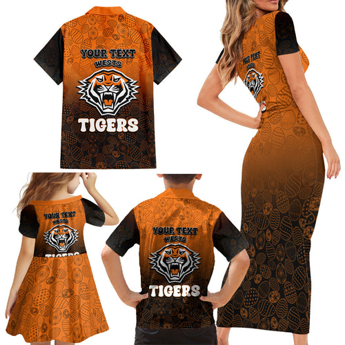 Personalized Wests Tigers Family Matching Short Sleeve Bodycon Dress and Hawaiian Shirt Easter Mascot - Colorful Eggs Cartoon Style
