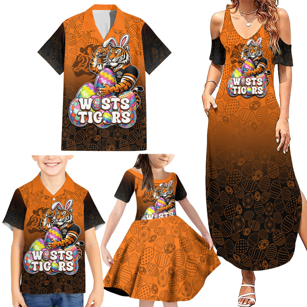 Personalized Wests Tigers Family Matching Summer Maxi Dress and Hawaiian Shirt Easter Mascot - Colorful Eggs Cartoon Style