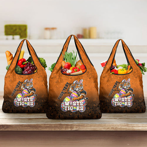 Personalized Wests Tigers Grocery Bag Easter Mascot - Colorful Eggs Cartoon Style