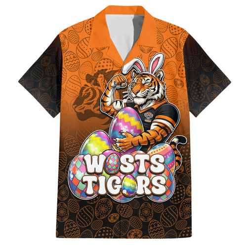 Personalized Wests Tigers Hawaiian Shirt Easter Mascot - Colorful Eggs Cartoon Style