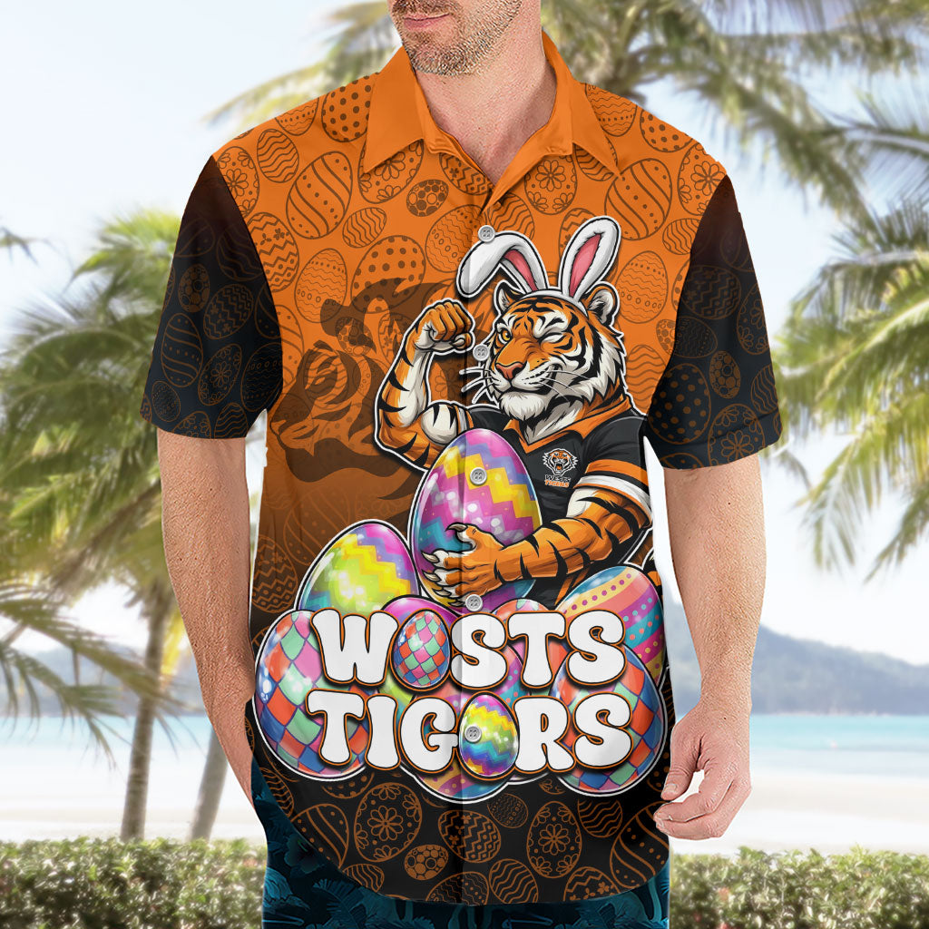 Personalized Wests Tigers Hawaiian Shirt Easter Mascot - Colorful Eggs Cartoon Style