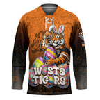Personalized Wests Tigers Hockey Jersey Easter Mascot - Colorful Eggs Cartoon Style