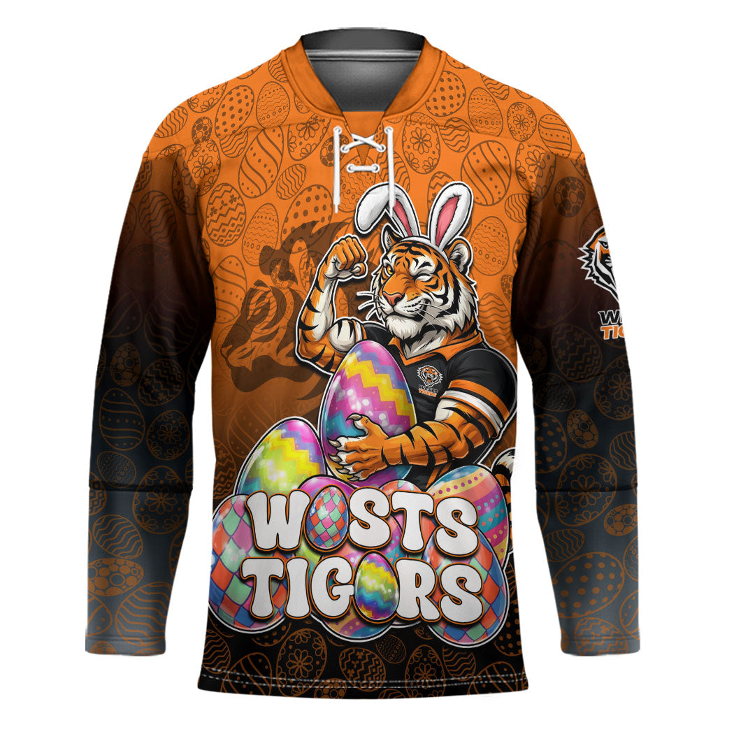 Personalized Wests Tigers Hockey Jersey Easter Mascot - Colorful Eggs Cartoon Style